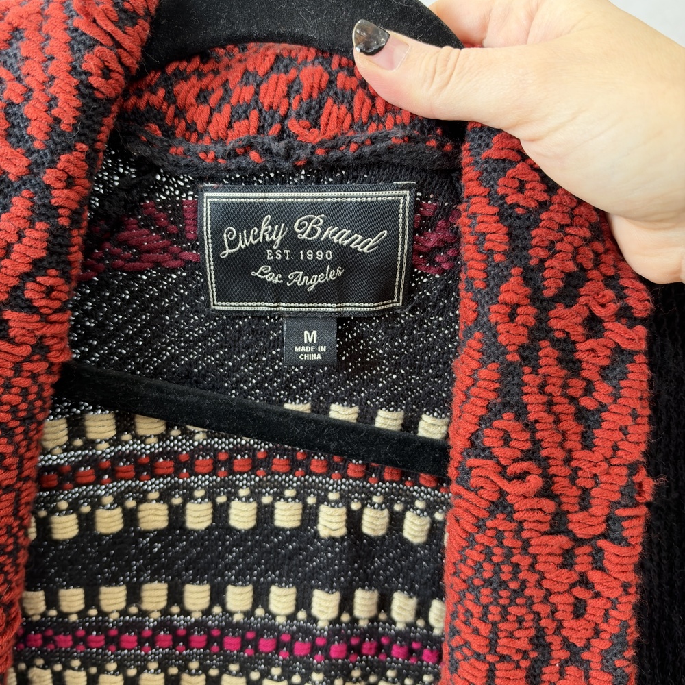 Lucky Brand Cardigan Sweater Womens Medium Black Red Boho Open Knit Pockets - Picture 2 of 12